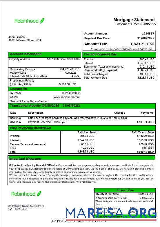 Downloadable USA Robinhood bank mortgage statement in Word and PDF formats download for verification
